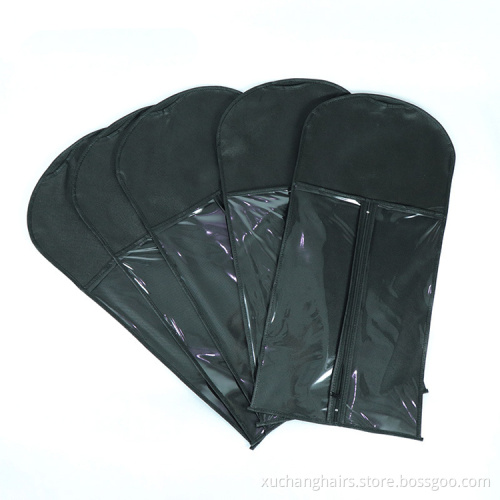Custom Logo Packaging PVC Window Bag Non Woven Dustproof Hair Extension Bag With Wooden Hanger